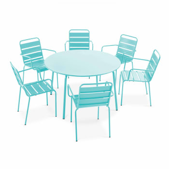 Palavas - Ensemble table de jardin ronde et 6 fauteuils acier turquoise
