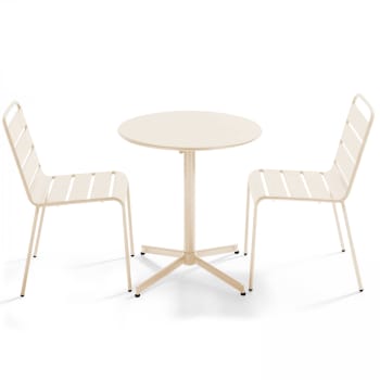 Palavas - Ensemble table de jardin ronde et 2 chaises métal ivoire