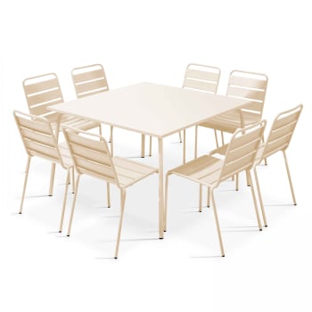 Palavas - Ensemble table de jardin et 8 chaises en métal ivoire