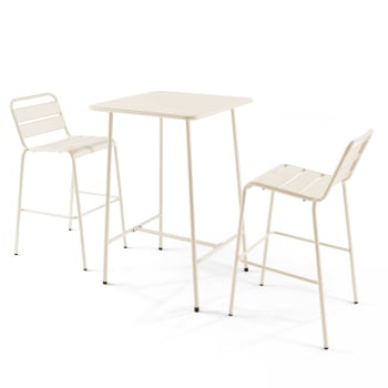 Palavas - Ensemble table de bar et 2 chaises hautes en métal ivoire