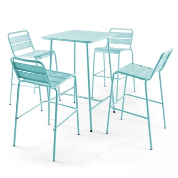 Palavas - Ensemble table de bar et 4 chaises hautes en métal turquoise