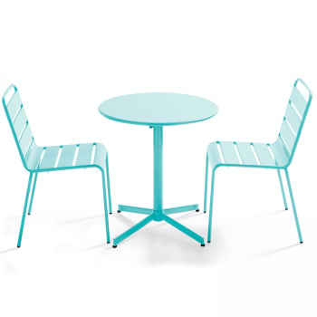 Palavas - Ensemble table de jardin ronde et 2 chaises métal turquoise