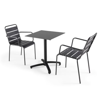 Opéra - Ensemble table de jardin stratifié noir et 2 fauteuils palavas gris