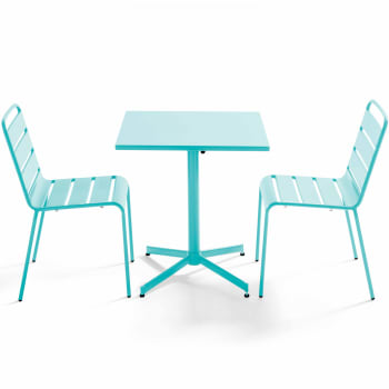 Palavas - Ensemble table de jardin carrée et 2 chaises métal turquoise