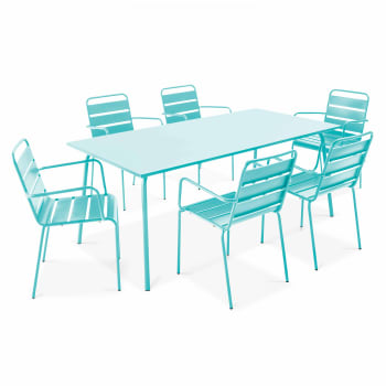 Palavas - Ensemble table de jardin et 6 fauteuils en métal turquoise