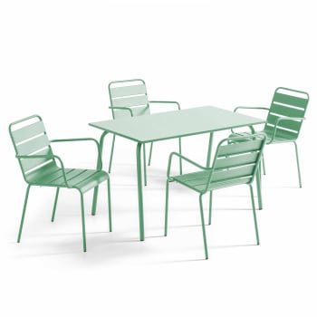 Palavas - Ensemble table de jardin et 4 fauteuils en métal vert sauge
