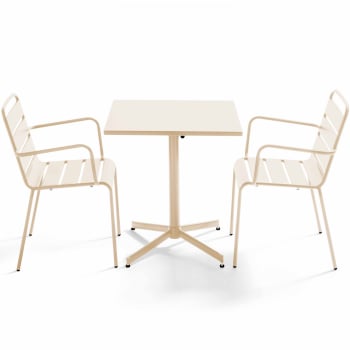 Palavas - Ensemble table de jardin carrée et 2 fauteuils métal ivoire