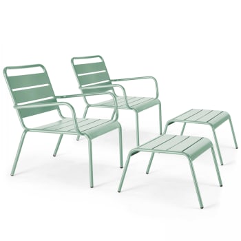Palavas - Lot de 2 fauteuils relax avec repose-pieds en métal vert sauge