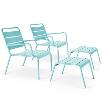 Palavas - Lot de 2 fauteuils relax avec repose-pieds en métal turquoise
