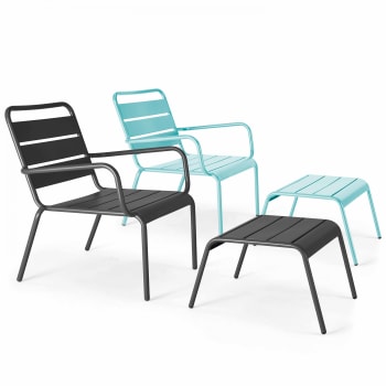 Palavas - Lot 2 fauteuils relax avec repose-pieds métal gris et turquoise