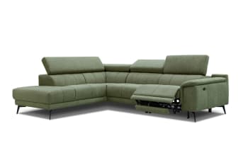 Fiero - Canapé d'angle gauche, 5 places avec une relax électrique, Tissu Vert