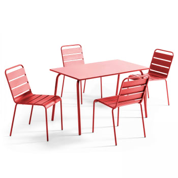 Palavas - Ensemble table de jardin en métal et 4 chaises rouge
