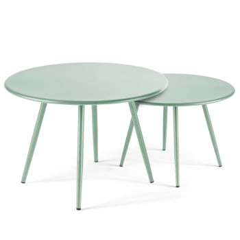 Palavas - Lot de 2 tables basses ronde en acier vert sauge 50 cm
