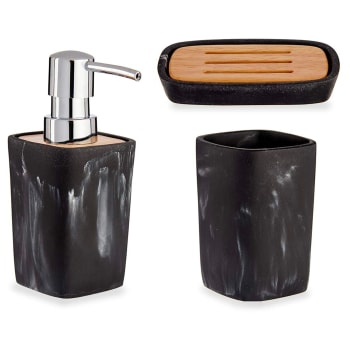 Set salle de bain plastique effet marbre noir et bambou - 3 pièces