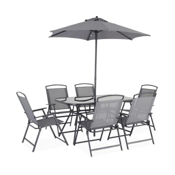 Sonia - Salon de jardin acier anthracite 1 table 6 fauteuils pliants 1 parasol