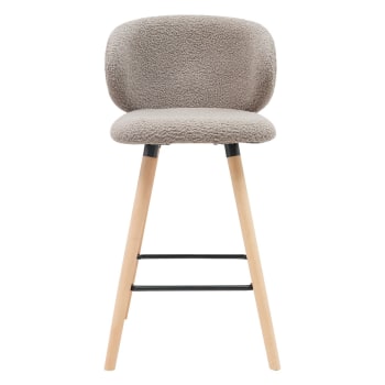 Tiago - Chaise de bar tissu effet laine bouclette taupe pieds chêne
