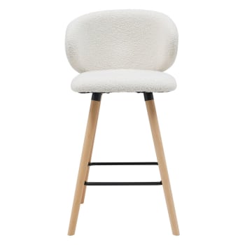 Tiago - Chaise de bar tissu effet laine bouclette blanc pieds bois