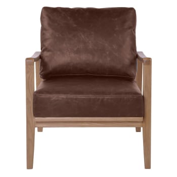 Pablo - Fauteuil cuir marron pieds frêne naturel