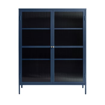 Bjorn - Vaisselier 2 portes en verre strié et métal H140cm bleu