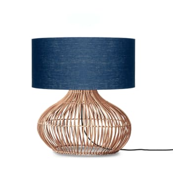 Kalahari - Lampe de table rotin abat-jour lin naturel/bleu denim, h. 60cm