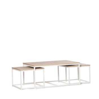 Casablanca - Set 3 mesas de centro acabado natural con pata metálica blanca