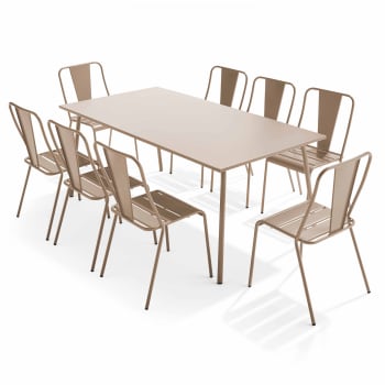 Palavas - Tavolo da giardino e 8 sedie bistrot in acciaio color talpa