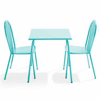 Palavas - Ensemble table de jardin bistrot et 2 chaises en acier turquoise