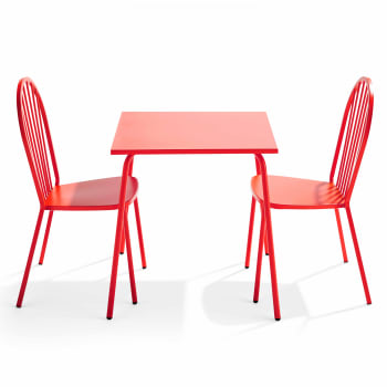 Palavas - Mesa de jardín y 2 sillas de acero rojo estilo bistró