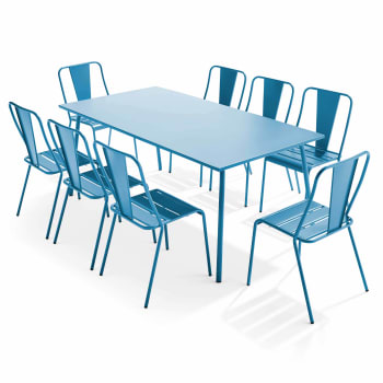 Palavas - Ensemble table de jardin et 8 chaises bistrot en acier bleu pacific
