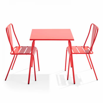 Palavas - Ensemble table de jardin carrée et 2 chaises bistrot rouge