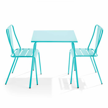 Palavas - Ensemble table de jardin carrée et 2 chaises bistrot turquoise