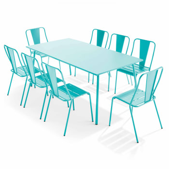 Palavas - Ensemble table de jardin et 8 chaises bistrot en acier turquoise