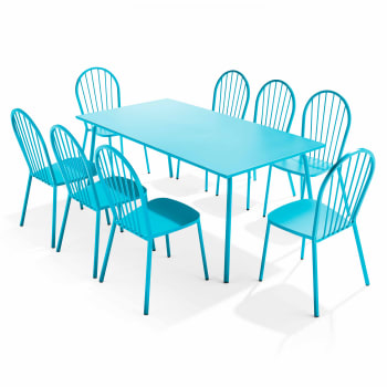 Palavas - Ensemble table de jardin et 8 chaises bistrot en acier bleu