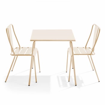 Palavas - Ensemble table de jardin carrée et 2 chaises bistrot ivoire