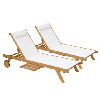 Calgary - Lot de 2 bains de soleil avec coussin et tablette en bois blanc