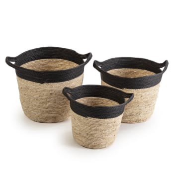 OTILIA - Set de 3 cestas de fibra natural y papel, negro/beige con asas