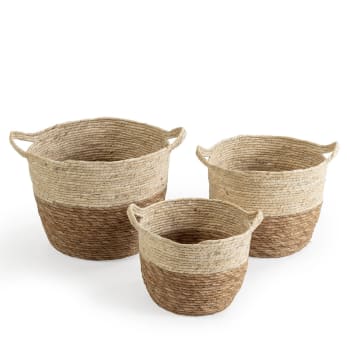 BRAIS - Set de 3 cestas de fibra natural con asas, blanco/natural