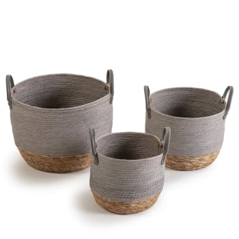 NEVES - Set de 3 cestas de fibra natural y papel, gris/natural