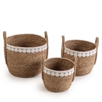 YASMINA - Set de 3 cestas de fibra natural con asas, blanco/natural