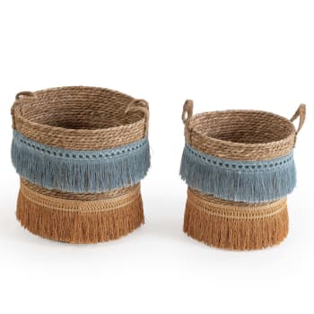 INDIE - Set de 2 cestas de fibra natural con asas, azul/naranja