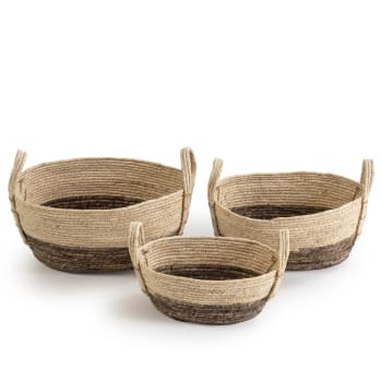 XIANA - Set de 3 cestas de fibra natural con asas, blanco/marrón