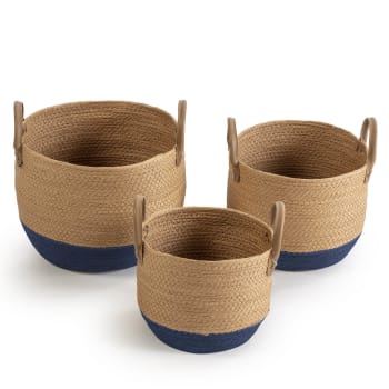 TECLA - Set de 3 cestas de fibra natural con asas, azul/natural