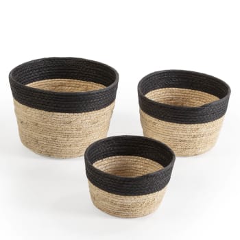 NATI - Set de 3 cestas de fibra natural y papel, negro/beige