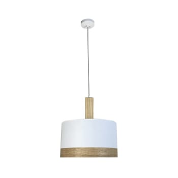 LARVSON - Lámpara colgante con pantalla textil blanco y pieza de madera ø40