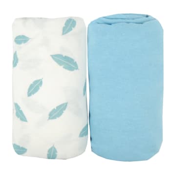 PLUMES - Lot de 2 draps housse bébé bleu et blanc en coton 70x140 cm