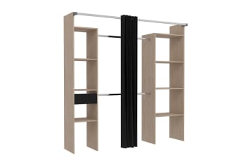 Elysee - Dressing bois avec rideau gris et 2 penderies, 6 étagères et un tiroir