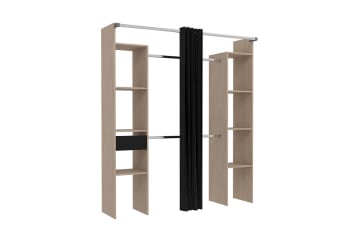 Elysee - Dressing bois avec rideau noir : 2 penderies, 6 étagères et un tiroir