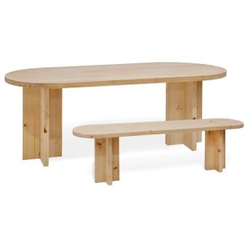 Tokyo - Pack mesa comedor ovalada y banco de madera maciza tono medio 180x75cm