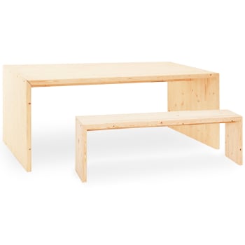 Telva - Pack mesa comedor y banco de madera maciza natural de 200x75cm