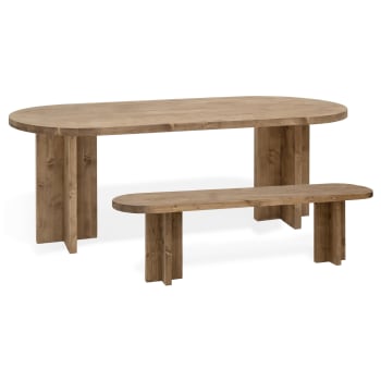 Tokyo - Pack mesa comedor ovalada y banco de madera maciza envejecido 160x75cm